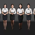 Women in Uniforms Standing Neatly with White Shirts Black Skirts on Dark Background