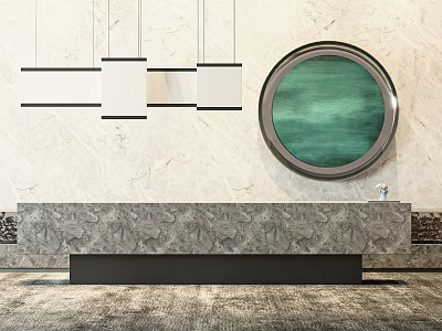Hotel Lobby Interior Featuring Marble Reception Desk Circular Green Painting Pendant Lights And Carpeted Floor 3d model