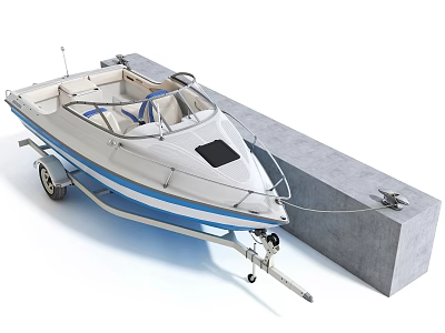 White and Blue Yacht on Trailer with Seats Windshield and Concrete Block 3d model