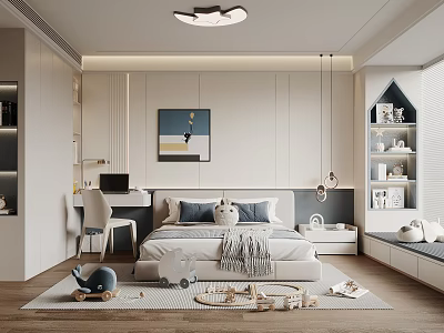 Modern Kids Room Interior Design With Bed Desk Chair Toys Wall Painting Shelves And Rug 3d model