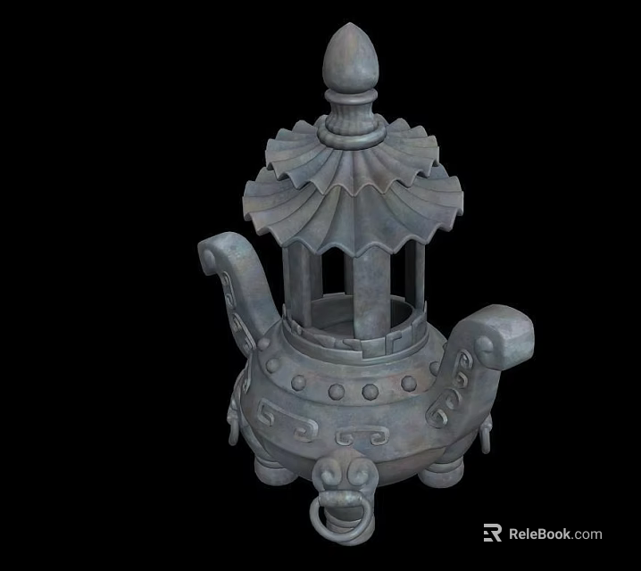 Ancient Bronze Ding With Decorative Lid Double Handles And Beast Shaped Feet 3d model 