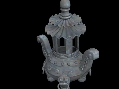 Ancient Bronze Ding With Decorative Lid Double Handles And Beast Shaped Feet 3d model