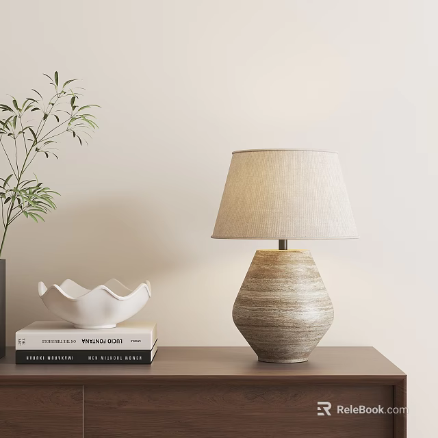 Fabric Shade Table Lamp with Woven Base for Home Decor on Wooden Table with Books 3d model 