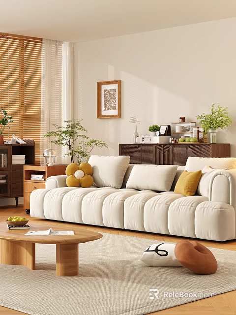 Cozy Living Room Sofa and Coffee Table Set with Beige Upholstery Decorative Pillows Green Plants and Wooden Elements 3d model 