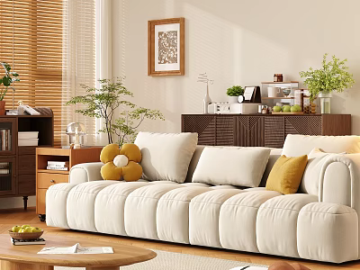 Cozy Living Room Sofa and Coffee Table Set with Beige Upholstery Decorative Pillows Green Plants and Wooden Elements 3d model