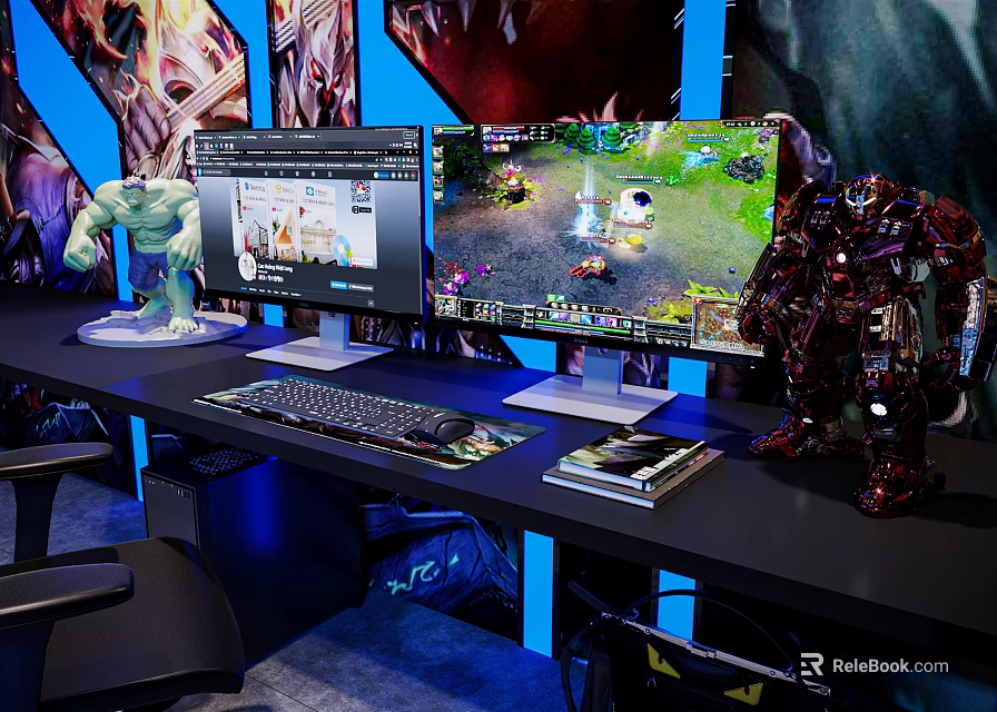 Gaming Desk Setup With Dual Monitors Displaying Gameplay Keyboard Mouse And Figurines 3d model 