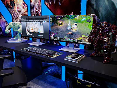 Gaming Desk Setup With Dual Monitors Displaying Gameplay Keyboard Mouse And Figurines 3d model