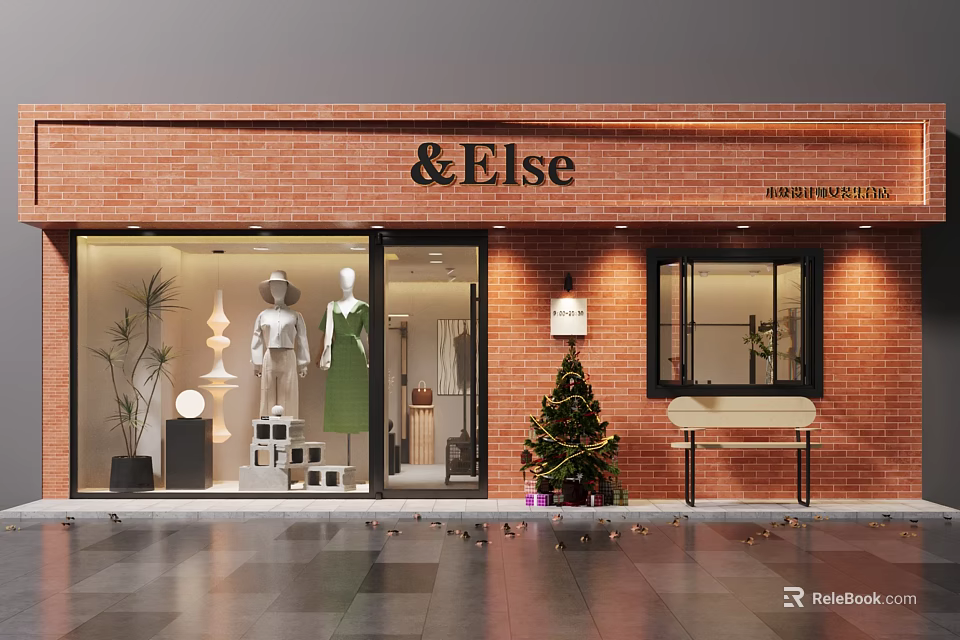 Stylish Red Brick Clothing Store With Exquisite Mannequin Window Display And Comfortable Outdoor Bench 3d model 