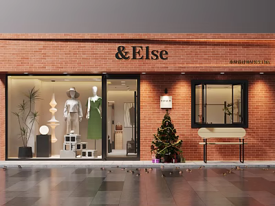 Stylish Red Brick Clothing Store With Exquisite Mannequin Window Display And Comfortable Outdoor Bench 3d model