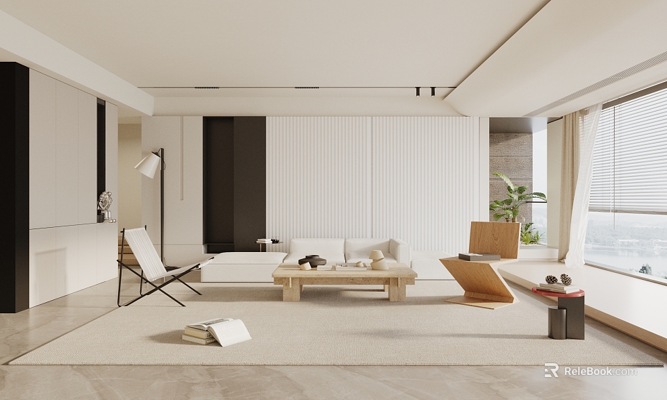 Modern Living Room With White Sofa Wooden Coffee Table And Accent Chair 3d model 