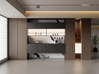 Modern Interior Sideboard Design With Wooden Cabinets Gray Wood Tones Marble Countertop And Decorative Items 3d model
