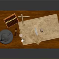 Wooden Table Setup With Kerosene Lamp Open Box Bottle Tools And Papers