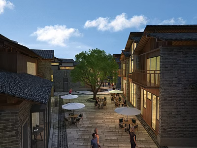 Scenic Traditional Commercial Street With Outdoor Seating Trees Stone Paved Path And Pedestrians 3d model