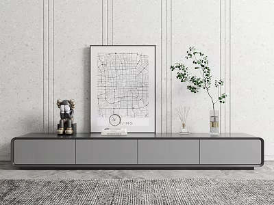 Modern TV Stand With Astronaut Figurine City Map Painting And Green Plant On Minimalist Wall 3d model