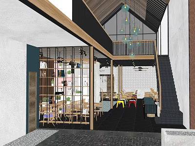 Loft Style Cafe Interior With Wooden Structure Hanging Lights And Staircase Tables 3d model