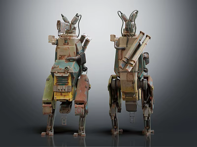 Dual Mechanical Rabbit Robots With Colorful Vintage Armor And Weapon Attachments 3d model