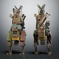 Dual Mechanical Rabbit Robots With Colorful Vintage Armor And Weapon Attachments