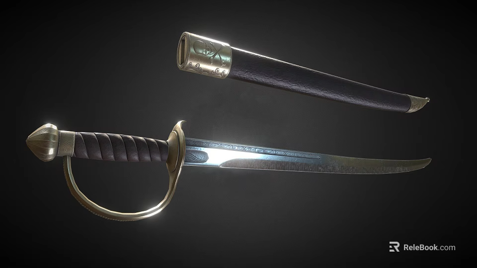 Antique Decorative Sword With Shiny Metal Blade Wrapped Hilt And Black Scabbard 3d model 