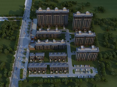 Aerial Planning of Modern Residential Community with High Low rise Buildings Greenery Roads and Parking 3d model