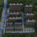 Aerial Planning of Modern Residential Community with High Low rise Buildings Greenery Roads and Parking