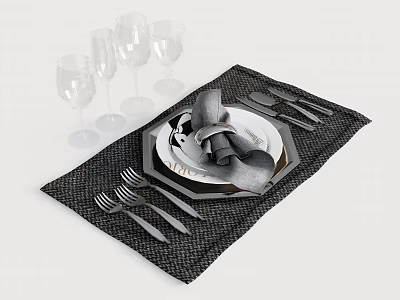 Elegant Dinnerware Set With Plates Cutlery Napkin And Wine Glasses On Placemat 3d model