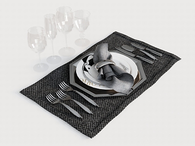 Tableware Plate Bowl Knife and Fork Spoon Wine Glass Placemat 3d model