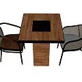 Contemporary Square Wooden Dining Table With Black Circular Panel And Rattan Backrest Metal Leg Chairs