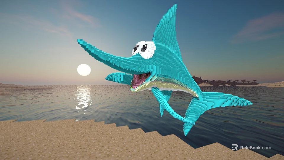 Vibrant Pixel Swordfish Leaping Over Beach In Sunset Seascape With Ocean 3d model 