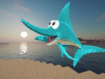 Vibrant Pixel Swordfish Leaping Over Beach In Sunset Seascape With Ocean 3d model