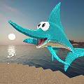 Vibrant Pixel Swordfish Leaping Over Beach In Sunset Seascape With Ocean
