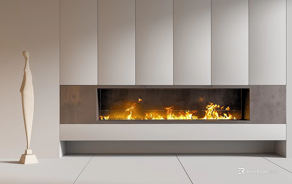 Sleek Modern Fireplace With Burning Flames And White Wall Cabinet Design 3d model 