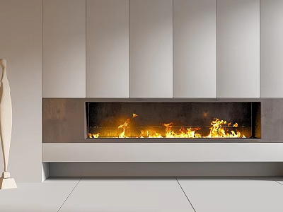 Sleek Modern Fireplace With Burning Flames And White Wall Cabinet Design 3d model