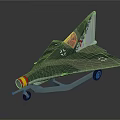 Camouflage Model Airplane With Triangular Wings Yellow Red Nose Emblem On Tail And Wheel Stand