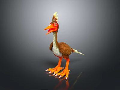 3D Modeled Cartoon Bird With Orange Beak Feet Brown Feathers And Yellow Crest 3d model
