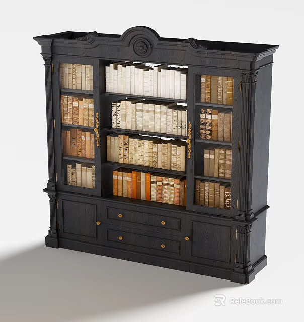 Classic Dark Wood Bookcase With Ornate Design Multiple Shelves Filled With Books And Drawers 3d model 