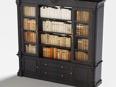 Classic Dark Wood Bookcase With Ornate Design Multiple Shelves Filled With Books And Drawers 3d model