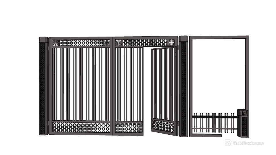 Modern Black Entrance Gate With Vertical Bars And Decorative Lattice Design 3d model 