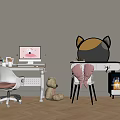 Kids Desk with White Chair Computer Displaying Cartoon Stationery Teddy Bear and Cat Ear Mirror