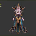 Fantasy Character In Ornate Gold And Blue Costume With Horned Headdress Long Hair