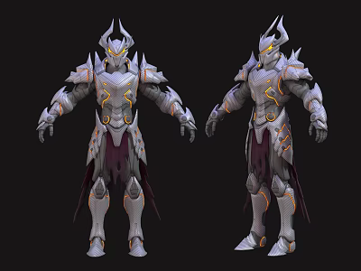 Game And Movie Character With Silver Armor Orange Accent Spiked Helmet And Purple Cape 3d model