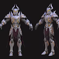Game And Movie Character With Silver Armor Orange Accent Spiked Helmet And Purple Cape