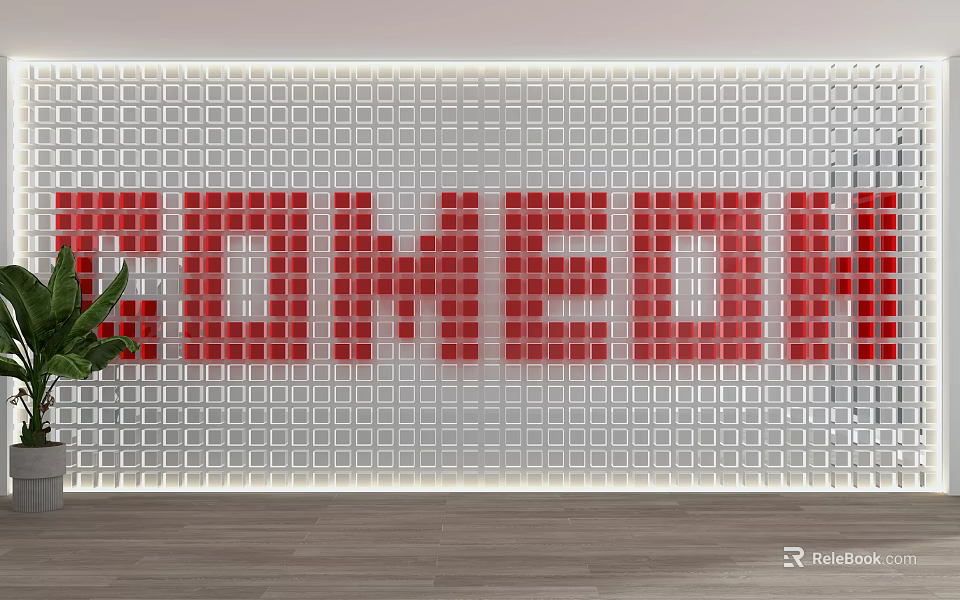 White Grid Patterned Partition With Red WELCOME Lettering Green Plant And Wooden Floor 3d model 
