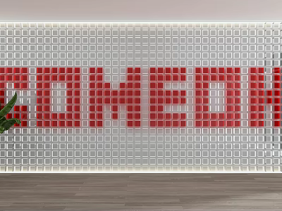White Grid Patterned Partition With Red WELCOME Lettering Green Plant And Wooden Floor 3d model