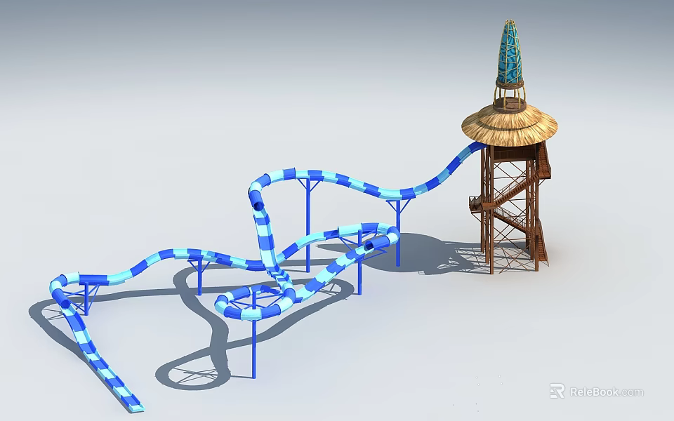Colorful Blue And White Water Slide With Curved Tubes And Thatched Roof Tower 3d model 