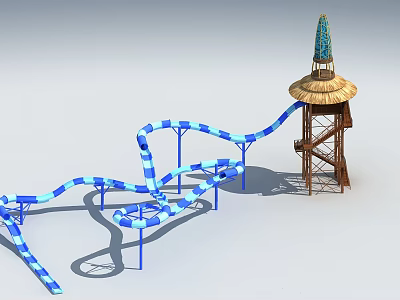 Colorful Blue And White Water Slide With Curved Tubes And Thatched Roof Tower 3d model