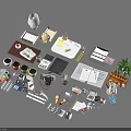 Various Office Supplies Including Notebooks Pens Camera Desk Lamp And Potted Plant