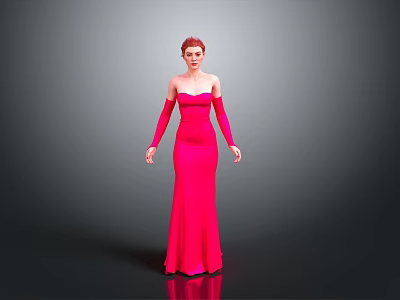 Elegant Woman In Red Strapless Long Dress With Long Sleeves On Gray Background 3d model