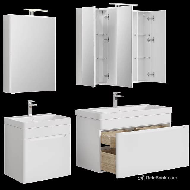 Modern White Bathroom Washbasin Vanity With Storage Drawers And Mirror Cabinet 3d model 