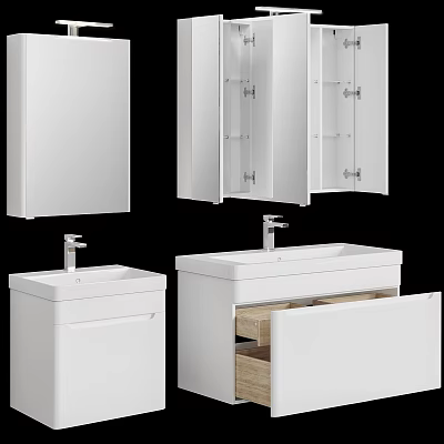 Modern White Bathroom Washbasin Vanity With Storage Drawers And Mirror Cabinet 3d model