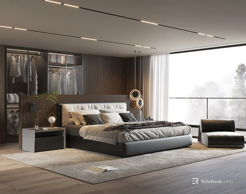 Modern Bedroom Interior With Wooden Headboard Open Closet And Floor To Ceiling Window 3d model 